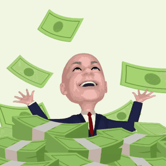 a bald man in a suit and tie is surrounded by green money