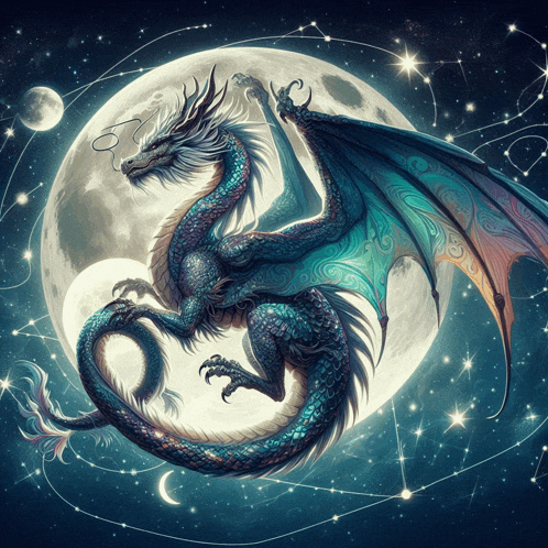 a dragon is standing in front of a full moon in the night sky