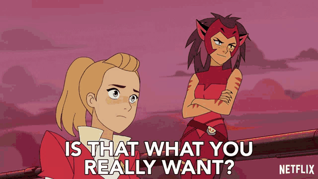 two cartoon characters are standing next to each other and the words " is that what you really want " are on the bottom