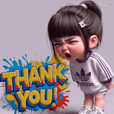 a little girl wearing an adidas shirt is standing next to a sign that says thank you