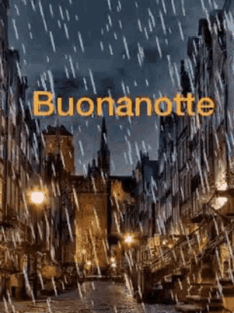 a picture of a city street in the rain with the words buonanotte written on the bottom .