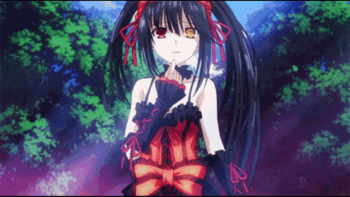 a girl with black hair and red ribbons on her hair is standing in a forest
