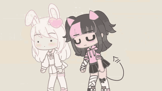 a girl with a bandage on her arm is standing next to a girl with a devil tail