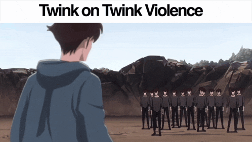 a man in a blue hoodie stands in front of a row of soldiers with the caption twink on twink