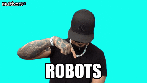 a man wearing a ny hat and a black shirt with the word robots on it