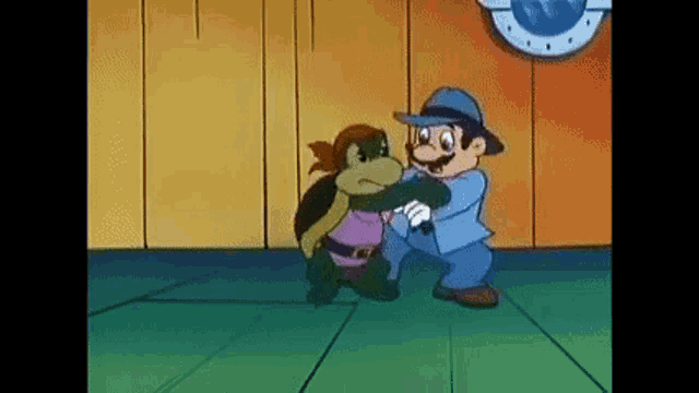 a cartoon of a man and a turtle standing next to each other in a room .
