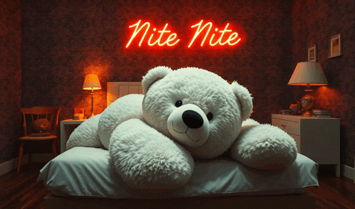 a teddy bear is laying on a bed under a nite nite neon sign