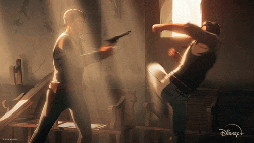 two men are fighting in a room with a disney logo on the bottom