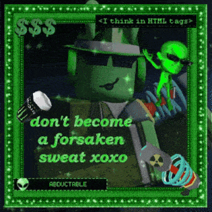 a picture of a green alien with the words " i think in html tags " on it