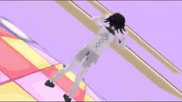 a cartoon character is standing on a stage holding two guns in front of a pink wall .