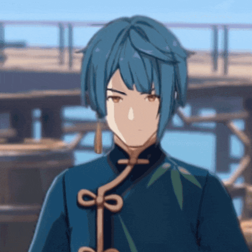 a blue haired anime character with brown eyes and a blue jacket
