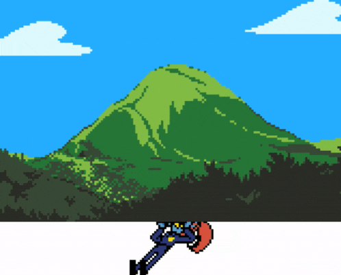 a pixel art of a mountain with trees in the background