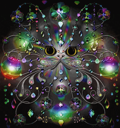 a painting of a cat surrounded by rhinestones and flowers with the name j.s. sam written on the bottom