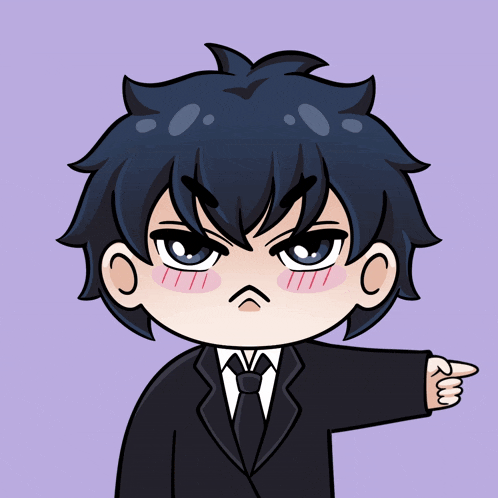 a cartoon drawing of a man in a suit and tie pointing at something