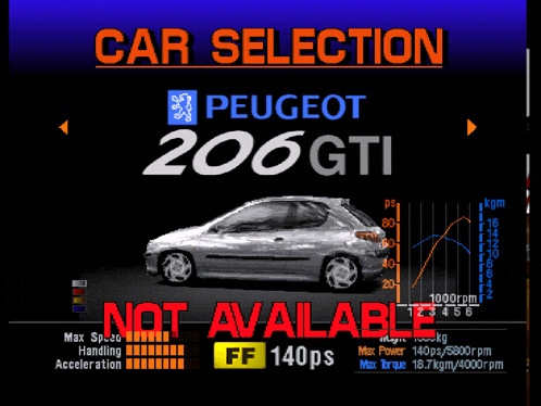 a peugeot 206 gti is displayed in a car selection screen
