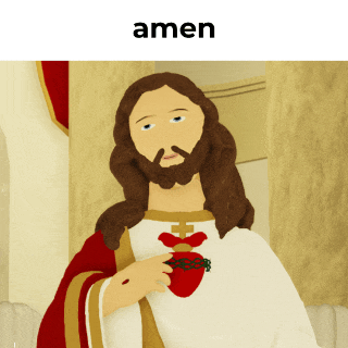 a cartoon of jesus holding a heart with the word amen below him
