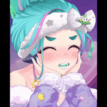 a girl with blue hair and a bow on her head is smiling