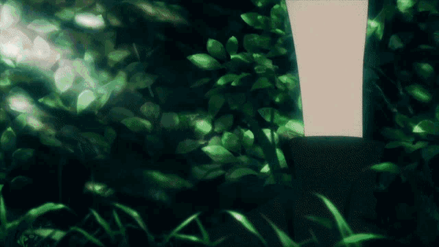 a drawing of a person standing in a forest with a light shining through the trees