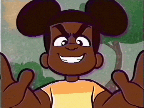 a cartoon character is smiling and making a funny face