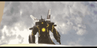 a giant robot is standing on top of a hill