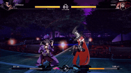 a screenshot of a video game with bordeaux and uzuki fighting