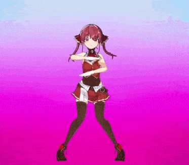 a girl in a red dress and black stockings is dancing on a pink background .