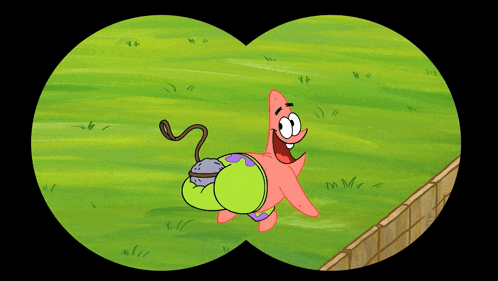a cartoon of patrick star looking through binoculars