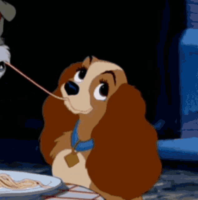a cartoon dog is sitting at a table next to a plate of spaghetti and a plate of spaghetti .