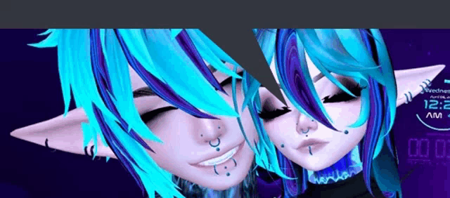 a couple of anime characters with blue hair and purple highlights