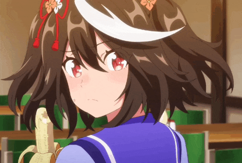 a girl with brown hair and red eyes holds a banana in her hand