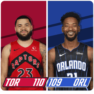 two basketball players one from the raptors and one from the orlando magic are standing next to each other