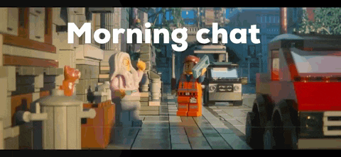 a lego scene with the words morning chat written on it