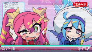 two anime girls are standing next to each other in front of a screen that says zombie on it