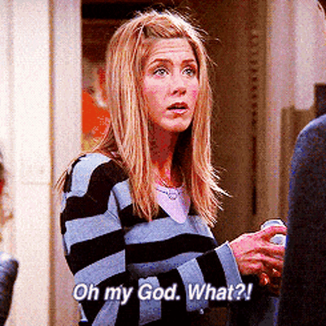 a woman in a blue and black striped sweater says oh my god what
