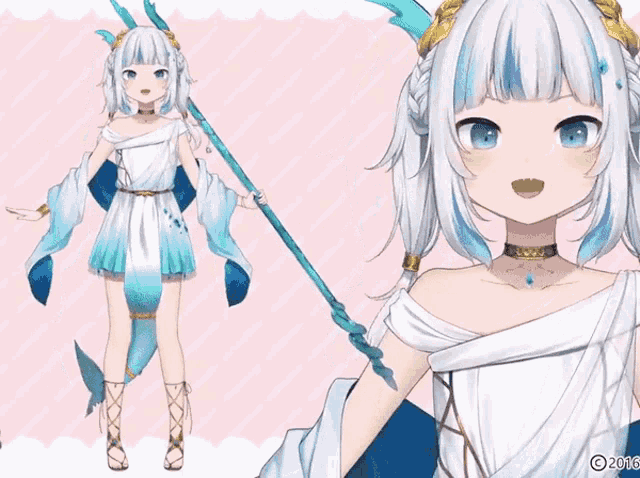 a girl with white hair and blue eyes is holding a trident
