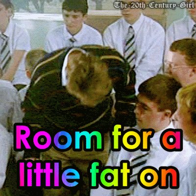 a group of people are gathered in a room and the words room for a little fat on are displayed
