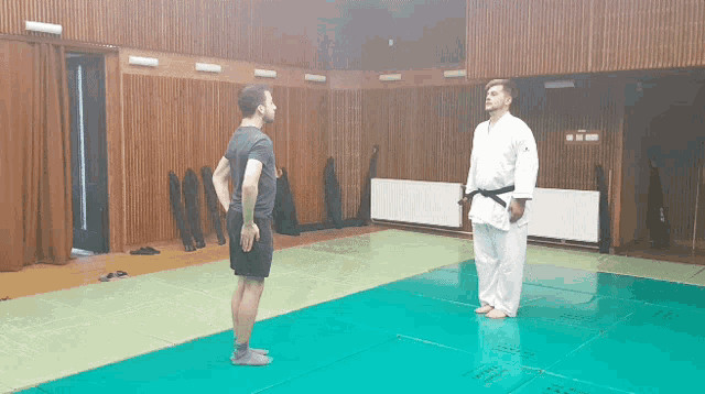 a man in a karate uniform stands on a green mat talking to another man