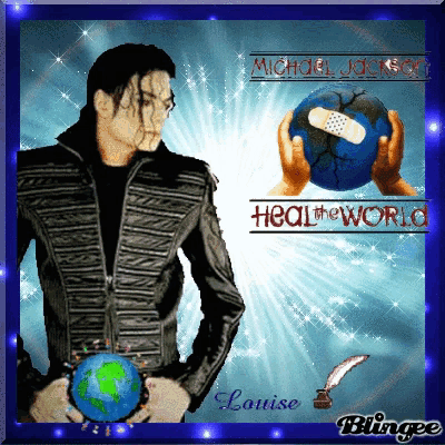 a picture of michael jackson with the words heal the world on the bottom