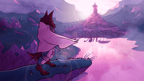 a cartoon drawing of a wolf standing on a cliff looking at a castle