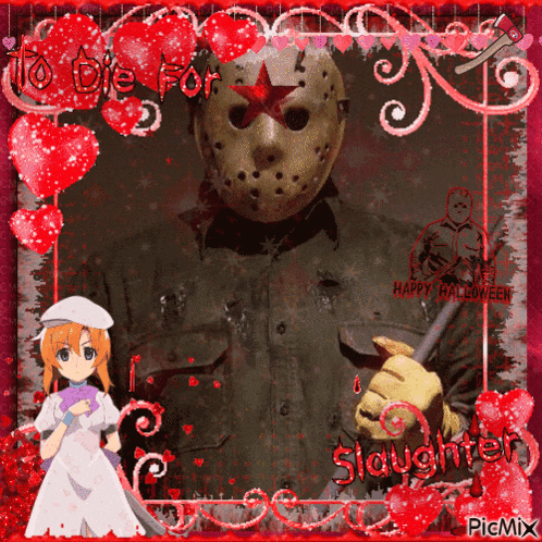 a picture of jason voorhees with the words to die for slaughtered