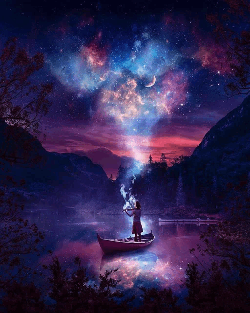 a woman in a boat is playing a violin under a starry night sky