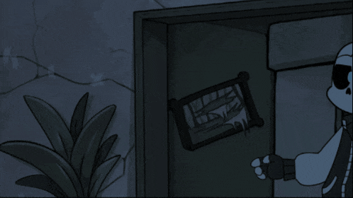 a cartoon of a skeleton wearing a hard hat standing in a dark room