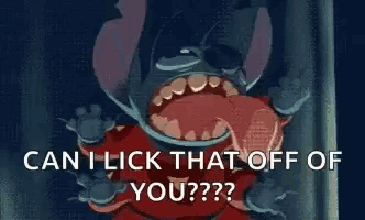 a cartoon of a monster with its mouth open and the words can i lick that off of you