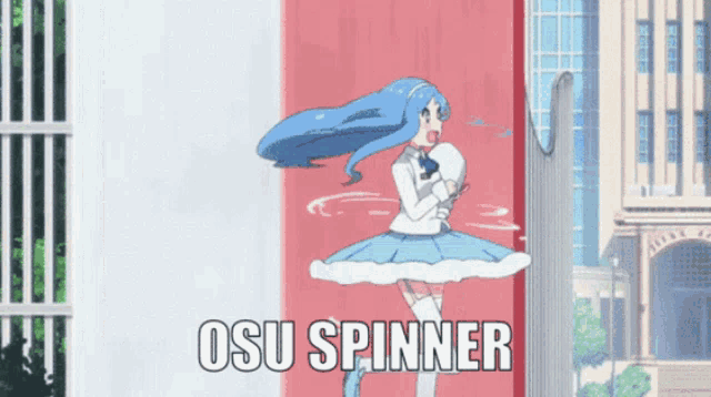 a girl with blue hair is standing in front of a red wall with the words osu spinner below her