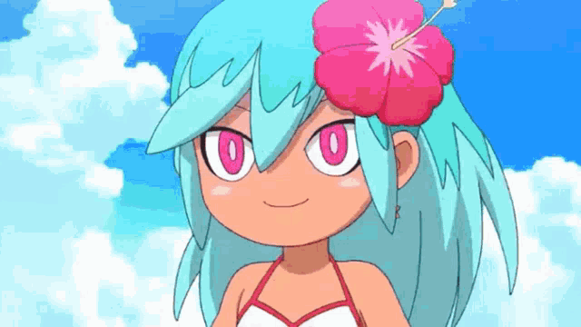 a cartoon girl with a pink flower in her hair .