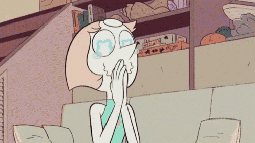 a cartoon of pearl covering her face with her hands in front of a shelf with books on it