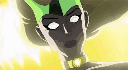 a close up of a cartoon character 's face with white eyes and a green hat .