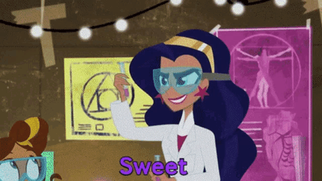 a cartoon character is wearing goggles and the word sweet is on the bottom