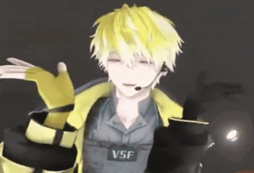 a yellow haired anime character with a vsf sticker on his chest