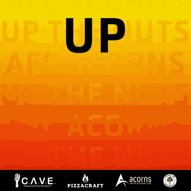 a yellow and orange background with the word up in black